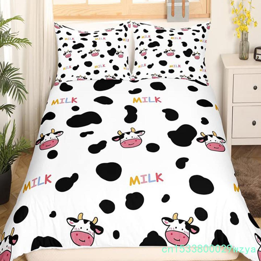 Süt İneği Desenli Yatak Örtüsü Seti King Queen Hayvanlar Temalı Yorgan Kılıfı Çikolata Kahvesi Nevresim Kılıfı Sevimli Kawaii Sığır Yorgan Kılıfı
