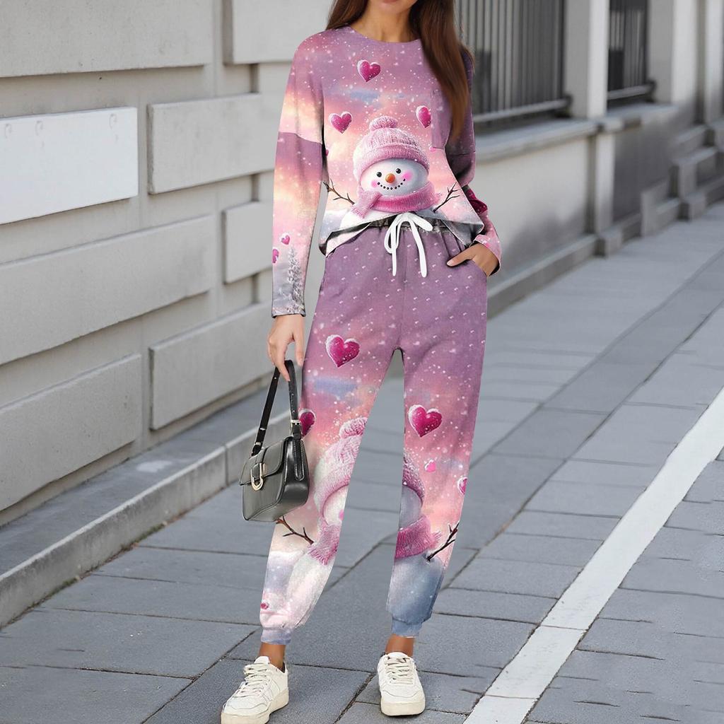 Sets For Women 2 Piece Round Neck Long Sleeve Shirts Printed Sweatpants Pocket Sets