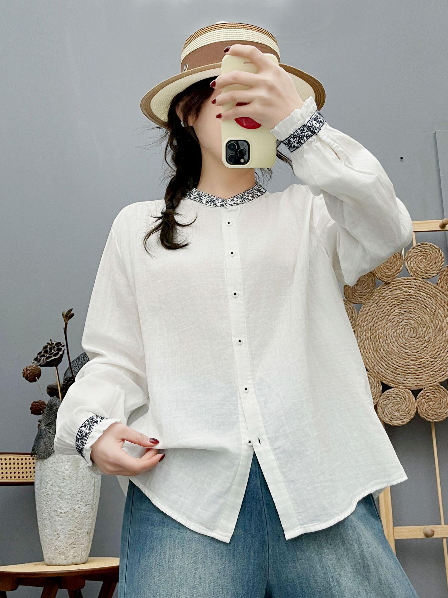 Women s Ethnic Embroidered Double-Layer Gauze Stand-Collar Long-Sleeve Shirt - Spring 2026 Collection Large белый