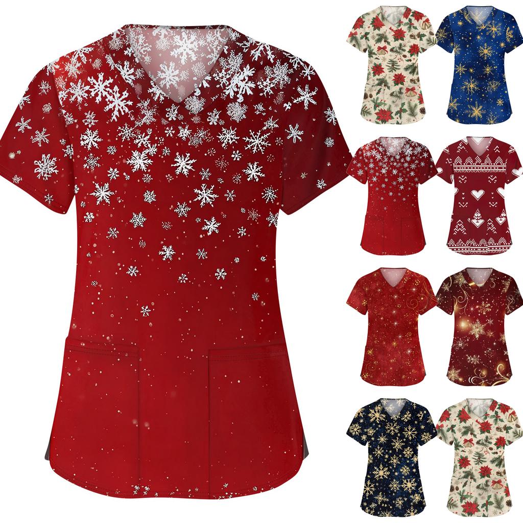 Women's Fashion V-neck Short Sleeve Workwear With Pockets Christmas Printed Tops