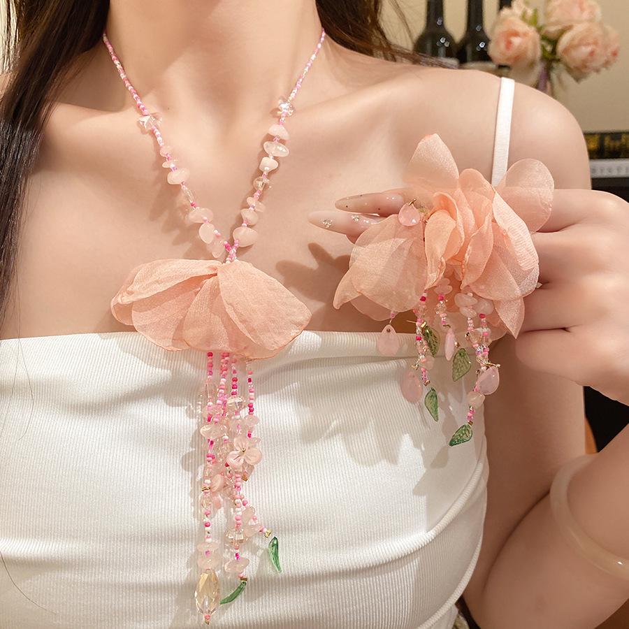 Pink Beaded Flower Tassel Necklace - Mori Style Gentle Spring/Summer Collarbone Chain for Women