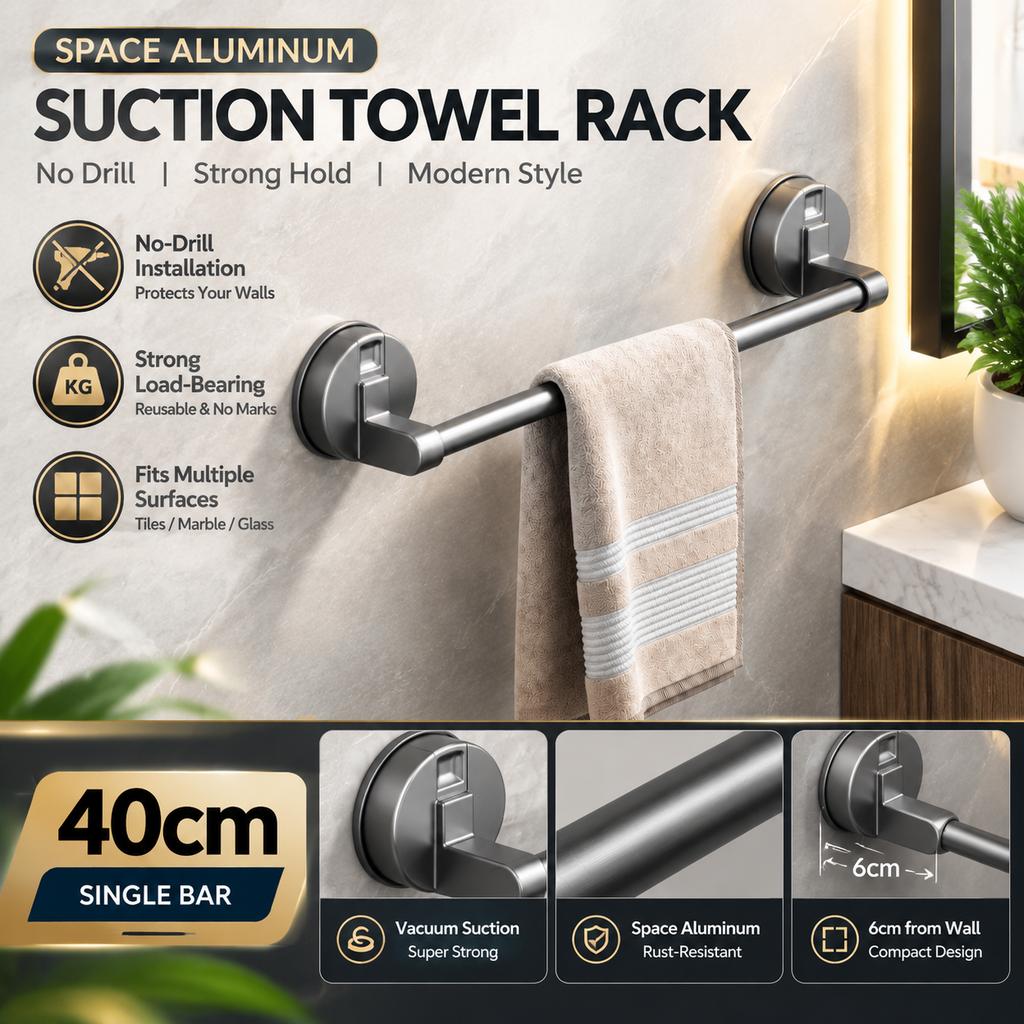 No-Drill Vacuum Suction Towel Rack, Space Aluminum, for Bathroom and Toilet