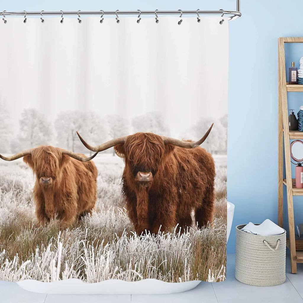 Wood Door Cow Shower Curtain Farm Animal Barn Door Wooden Wheel Pumpkin Sunflower Retro Bath Curtain Bathroom Accessories Set