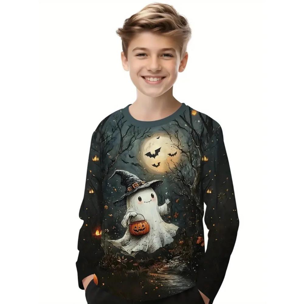 

Halloween Children s 3D Digital Printed Boys Fashionable and Comfortable Round Neck Long Sleeved T-shirt 100 серый