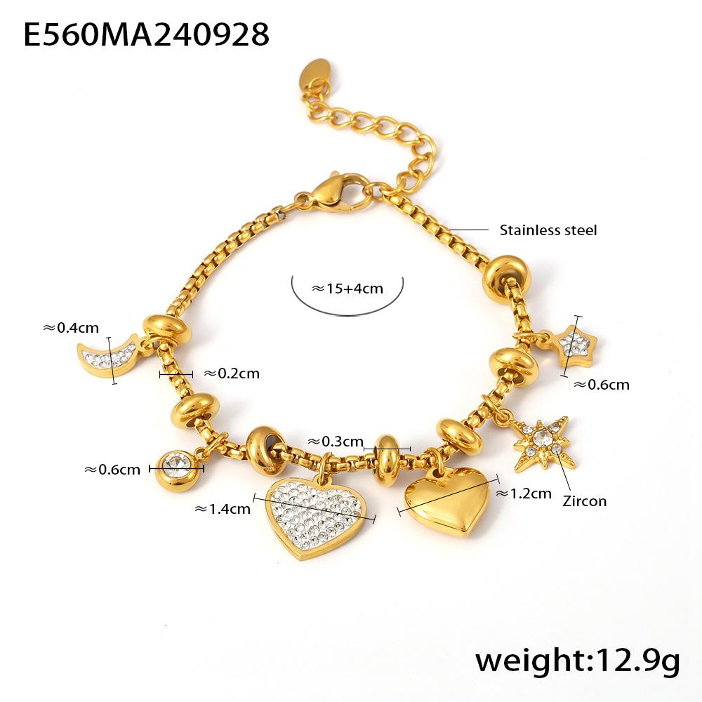 Süßes Kettenarmband aus Edelstahl 18 Karat vergoldet mit mehreren glänzenden Zirkonia und Herzanhänger Charms Armbänder für Frauen