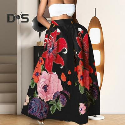 Women Maxi Skirt Elastic High Waist Large Hem Long Skirt with Pockets Flower Print Parties Weddings Skirt