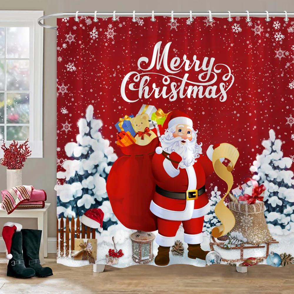 Christmas Elf Shower Curtain Rug Bathroom Set Snowman Fawn Xmas Gift Happy New Year Shower Curtain Set Bathroom Decoration