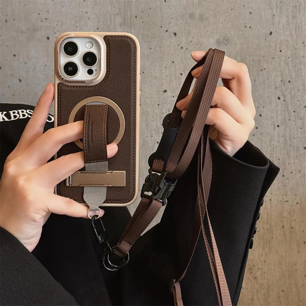 

Magnetic Bracket Durabl Crossbody Wrist Strap Rope Holder Phone Case for IPhone 16 Pro Max 15 14 13 Pro Leather Protective Case iPhone 16 чорний