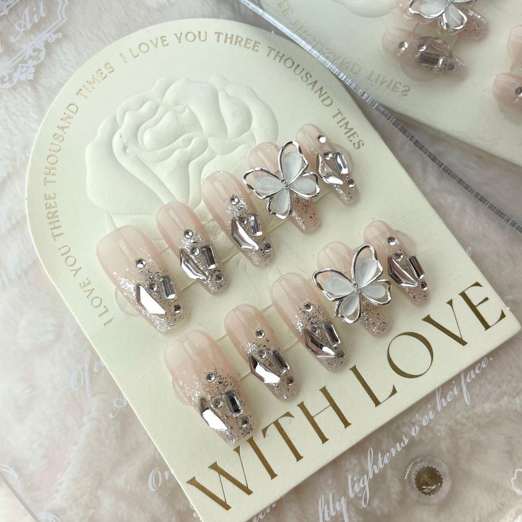 Handcrafted Detachable Crystal Butterfly Nail Art Sparkling Rhinestone Faux Nails For Women