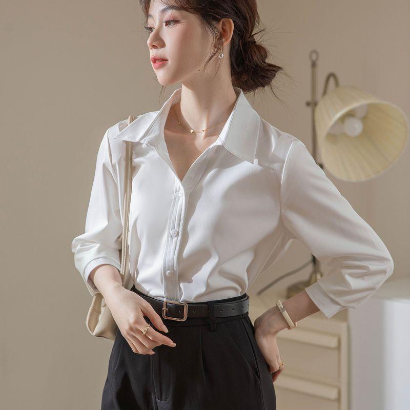 

White V-neck Anti-Wrinkle Fancy Lightly Mature Shirt Women s Top Career Interview Formal Long Sleeve Spring & Fall Shirt White L