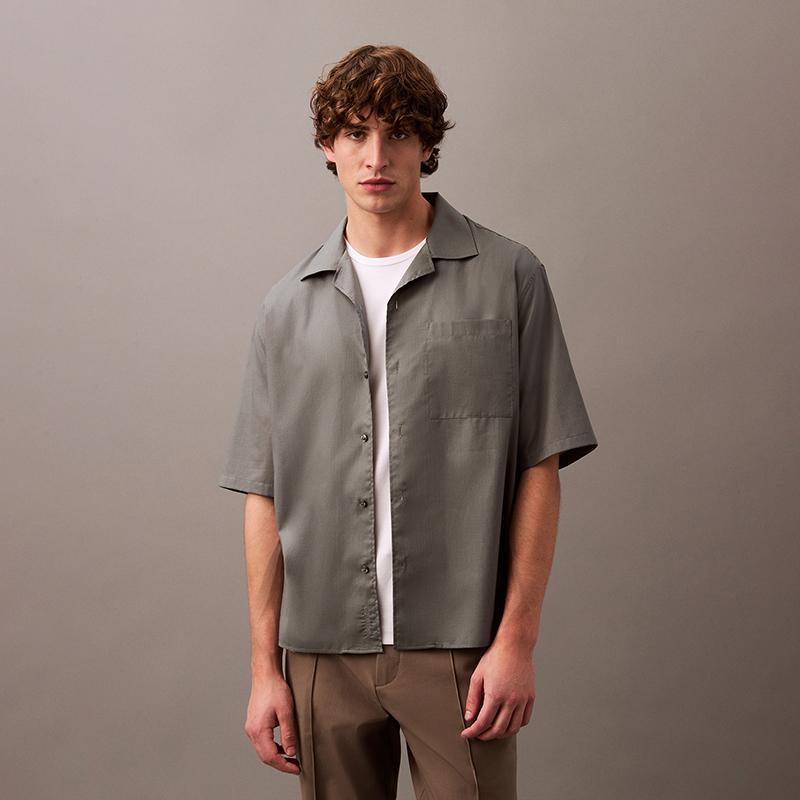 Calvin Klein Casual Vacation Cuban Collar Comfortable Versatile Loose Short Sleeve Shirt Men Shirts Cloud-Gray 4LB115G