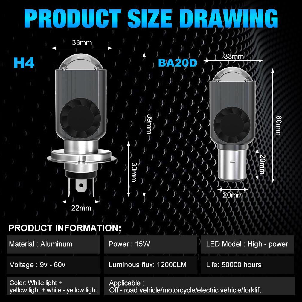 1Pc H4 LED Dual Color Motorcycle Headlight Bulbs BA20D with Fan Hi/Lo Beam 15W 12000LM 12V Fog Lamp Scooter Yellow White 3000K 6000K Motor Accessories