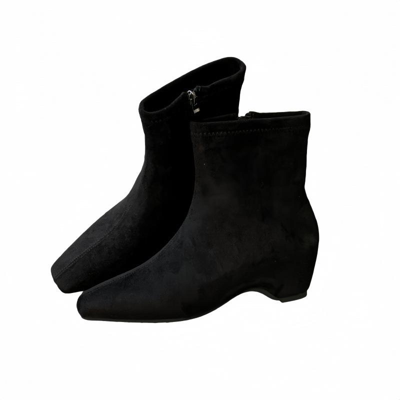 Inre höjdökning 4 cm retro mocka små korta stövlar sidodragkedja fyrkantig tå temperament elastiska tunna stövlar