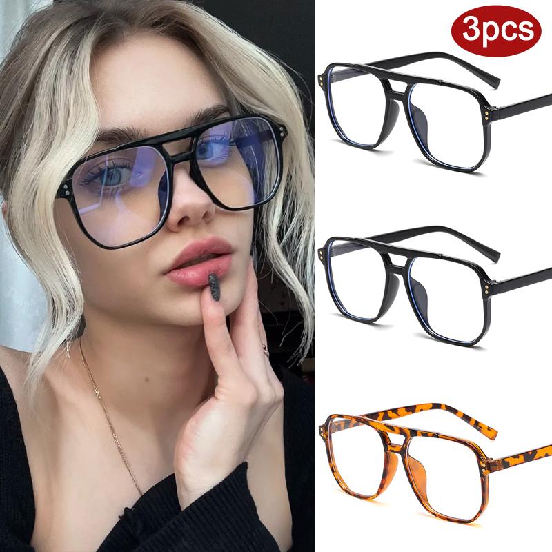3pcs Fashion Large Square Glasses Frame Women Men Anti Blue Light  Rivet  Eyeglasses Multi Color Framen Design Glasses