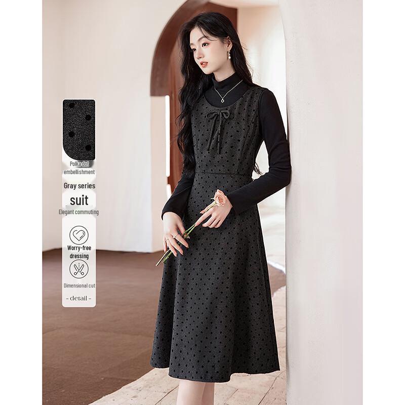 

Women s Elegant Long-Sleeve Base Shirt & Mid-Length Dress Set M