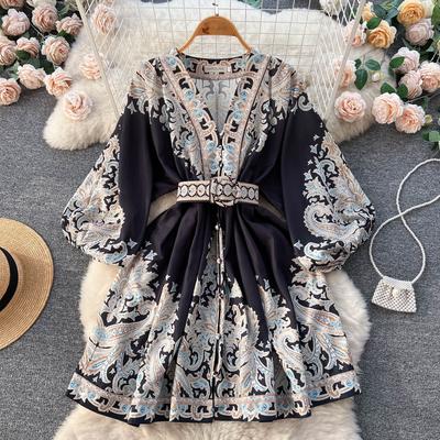 French Vintage V-neck Folds Belt Print Long Lanter Sleeve Single Breasted Dress Casual Women Autumn Short Dresses