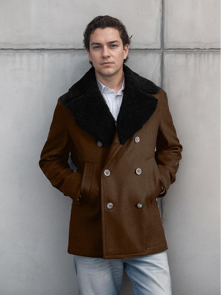 Men's Slim Fit Double-Breasted Wool Coat with Cashmere Fur Collar - European Sizes for Autumn/Winter