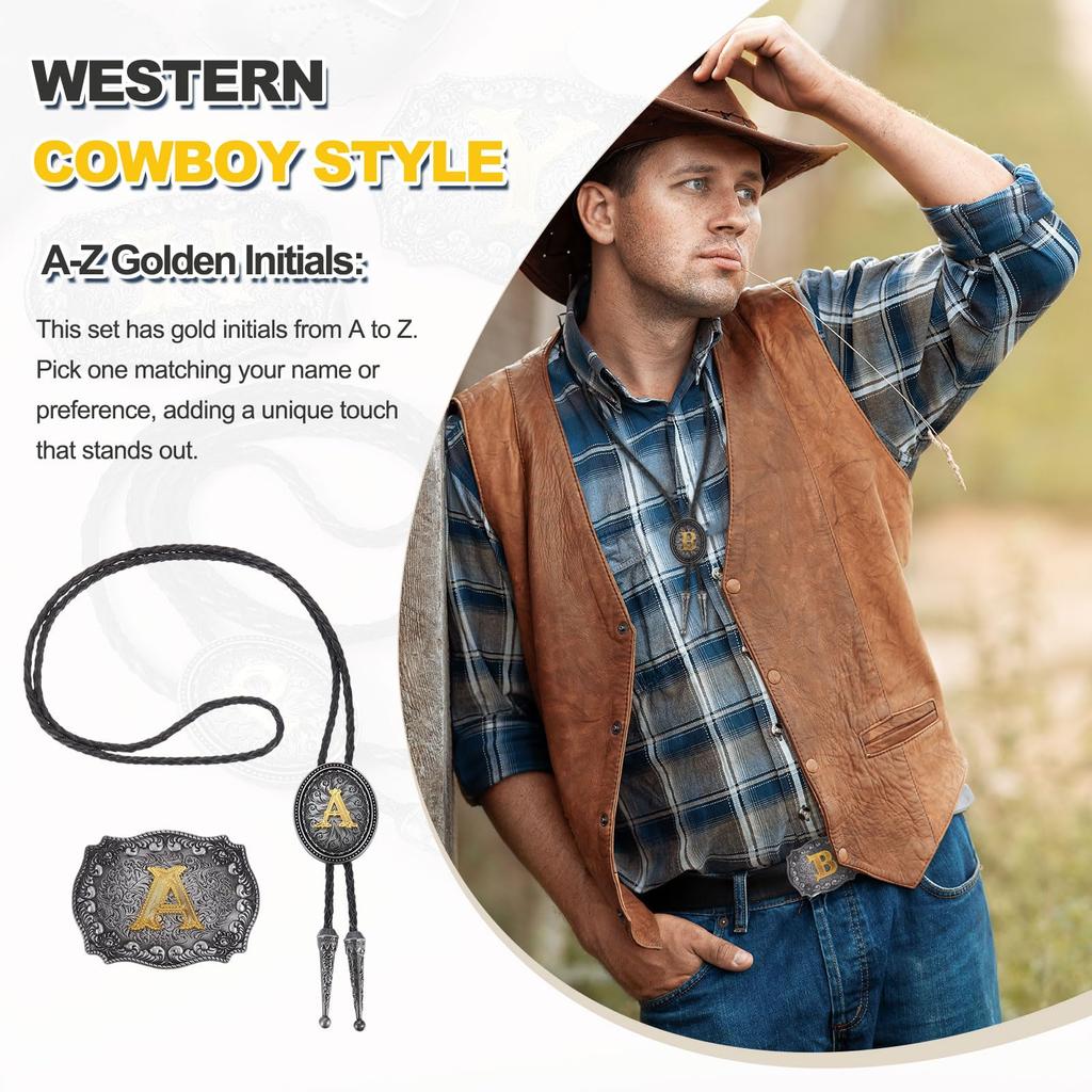 [PATIKIL] Western Cowboy Bolo Tie and Belt Buckle Set, Gold Initial "J", Cowhide Rope Tie, Unisex Costume, Traditional Vintage Accessory,