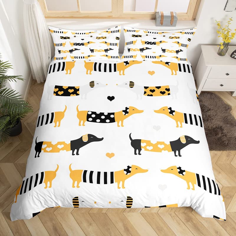 Sausage Dog King Queen Duvet Cover Floral Dachshund Bedding Set Cartoon Puppy Animal Comforter Cover Pet Polyester Quilt Cover