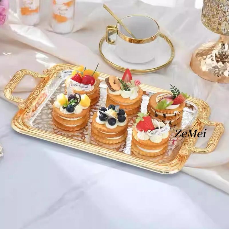 European-Style Rectangle Fruit Plate,Carving Snowflake Home Portable Platinum Metal Cake Tray,Storage Plate Wedding Decoration