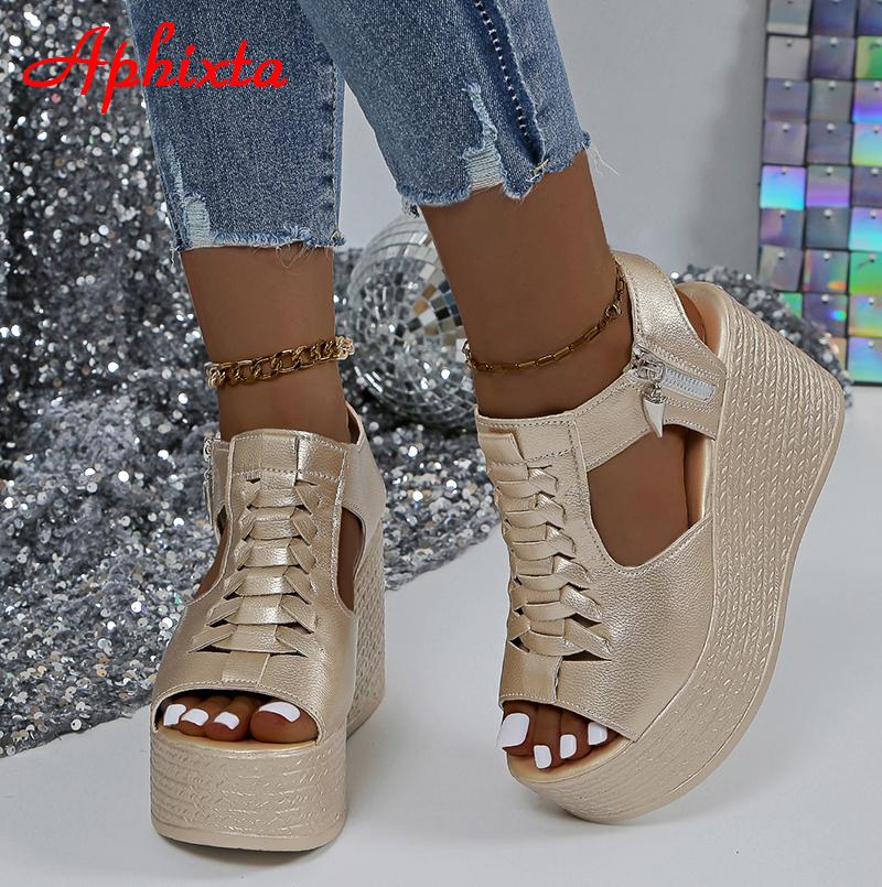 Fashion Aphixta Summer 9cm High Wedge Heel Platform Sandals Woman Sandals Gold Upper Women Zip Summer Shoes Peep Toe Sandals Big Size 43