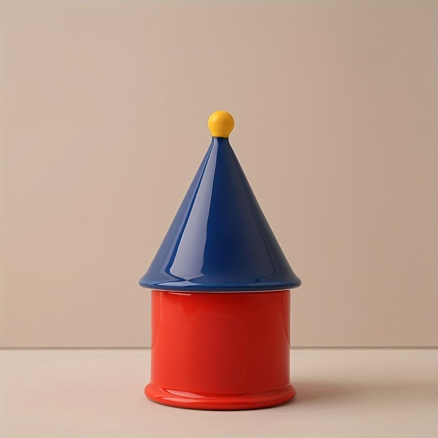 

1 шт. Керамическая банка для хранения в цвете дофамина, Яркий красный синий конусообразный верх, Органайзер для ванной, Керамическое настольное хранение для ванной для ватных палочек, зубной нити