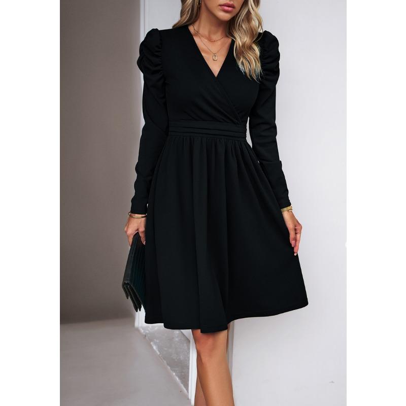 Women's Elegant Sold Color V-neck Long Sleeve Dress