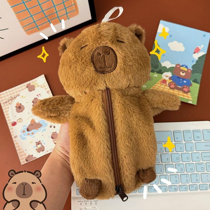 1Pc Cartoon Animal Pen Case Cute Plush Capybara Pencil Storage Bag Multifunction Large Capacity Stationery Pouch