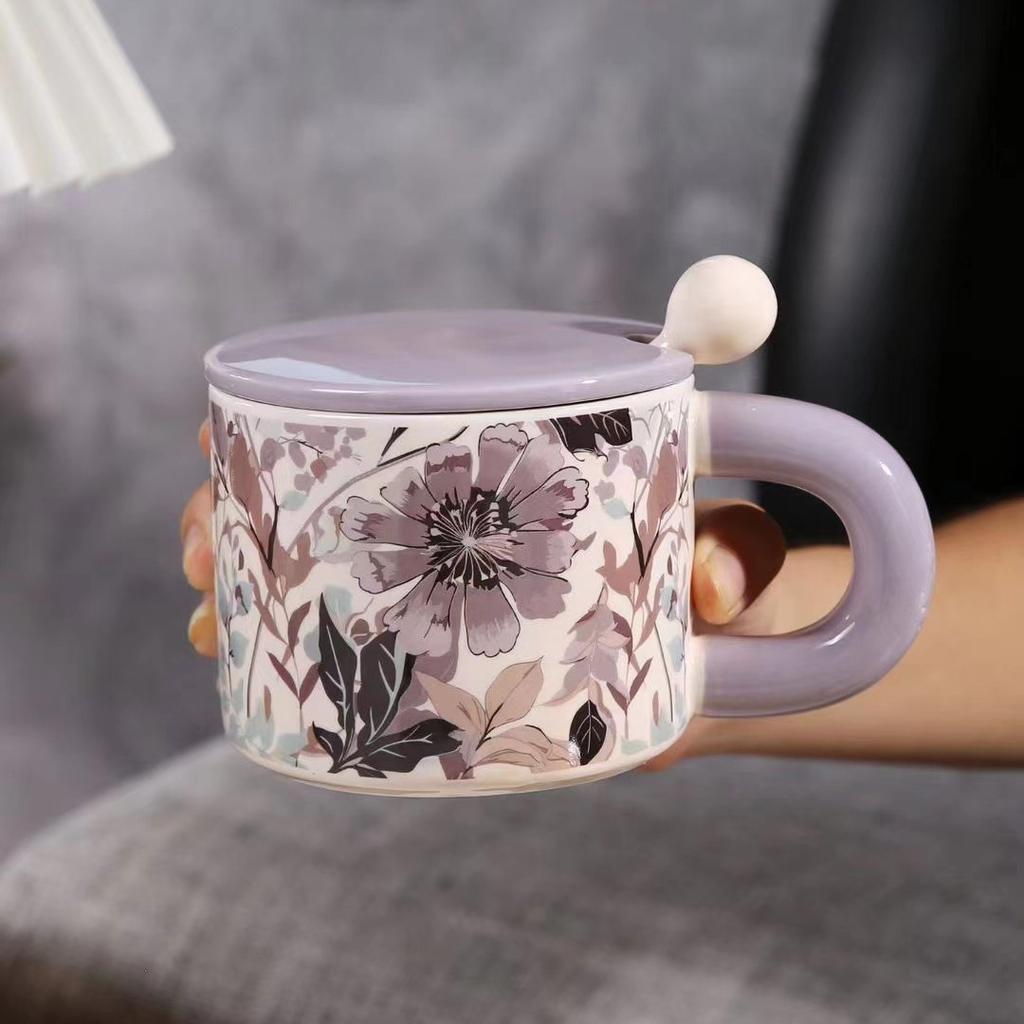 Light Luxury Flower Ceramic Cup With Lid Spoon High Value Household Drinking Cup Office Coffee Cup Teacup Mug
