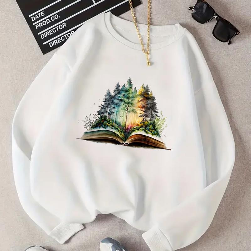 

(Asian Size) Lady Spring Book Flower Trend 90s Fall Autumn Women Print Winter Fashion Casual Pullovers Fleece Clothes Graphic Sweatshirts