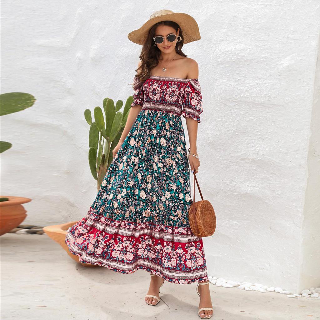 Abito midi da donna Boho per vacanze al mare, con spalle scoperte e maniche a sbuffo