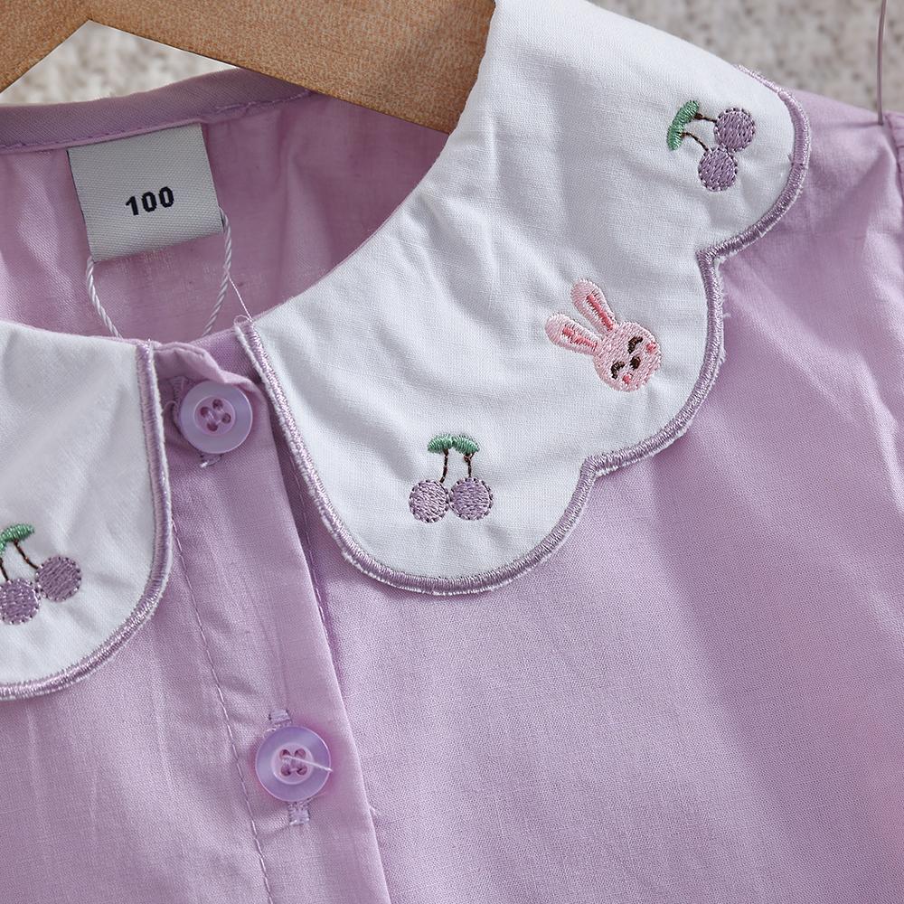 Bluză mov cu mâneci lungi pentru fetițe, cu broderie iepuraș, guler Peter Pan, primăvară-toamnă, îmbrăcăminte copii 2-6 ani