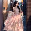 Smudge Printing Fairy Lace Temperament Waist Ruffle Edge Suspender Skirt Summer Fairy Long Skirt Cardigan Two-piece Set
