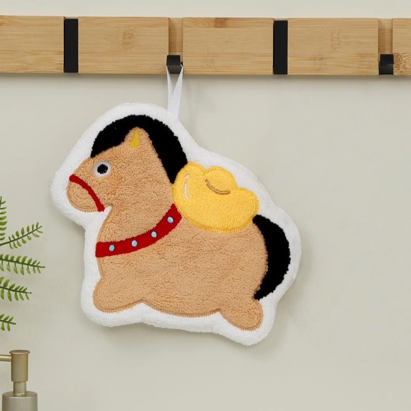 

Cartoon Cute New Year Pony Hand Towel Coral Fleece Home Kitchen Bathroom Wipes Horse Thickened Hanging Absorbent Towels коричневий