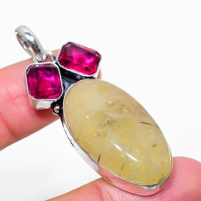 Natural Prehnite, Rubillite Gemstone 925 Sterling Silver Pendant 2.25" W0s73
