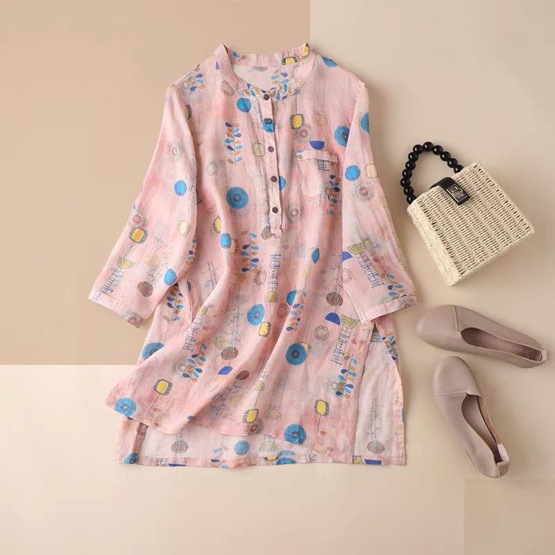 2025 Women's Trendy Loose Nine-Sleeve Printed Ramie Stand Collar Pullover Shirt