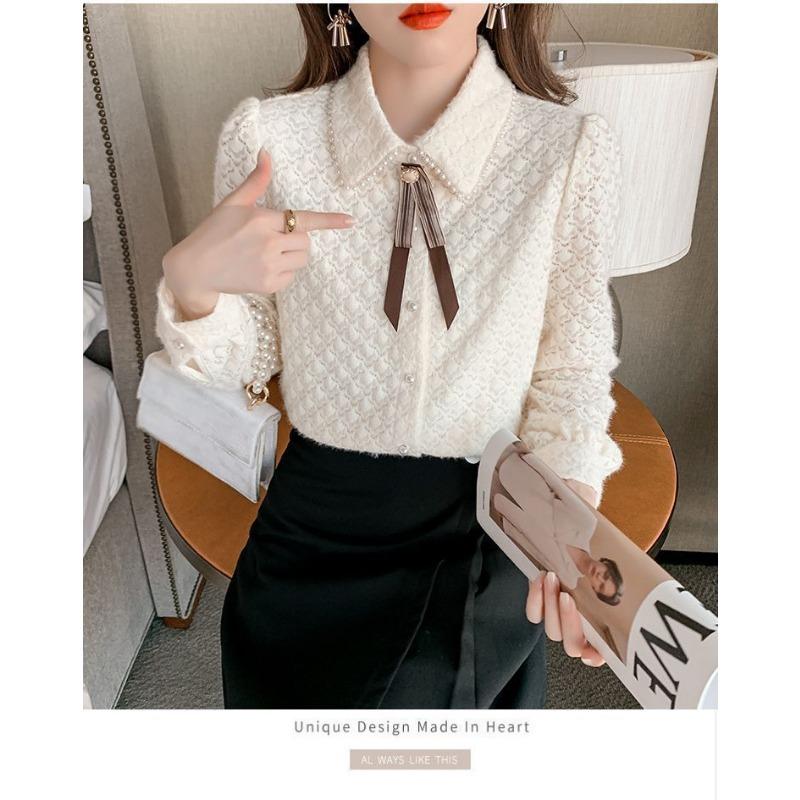 Cămașă de damă cu fundă, la modă, top în stil străin, dantelă franțuzească, catifea, cămașă de bază, primăvară și toamnă, lenjerie de corp