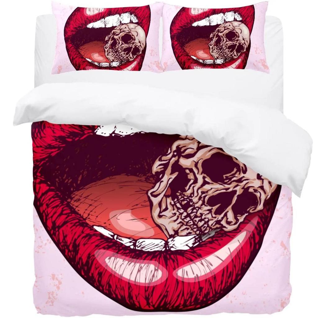 Red Lip King Queen Duvet Cover 3D Mouth Pattern Bedding Set For Adult Couples Lipstick Black Golden 2/3Pcs Polyester Quilt Cover