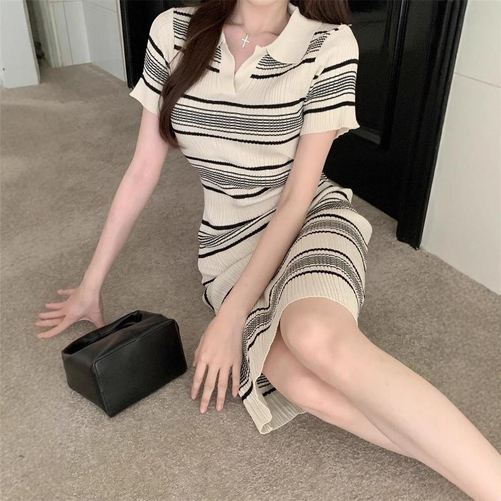 Summer 2025 Knitted Striped Polo Dress: Slim Waist, Hip-Hugging, Mid-Length Style for Women