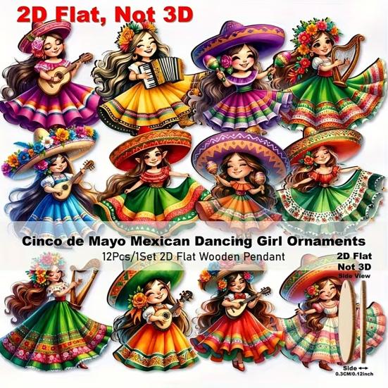 Yousheng 12 Pcs Mexican Dancing Girls Ornament Cinco De Mayo Hanging Decoration Wooden Fiesta Mexico Ornament for Carnivals Party Favors Home Tree