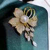 Floral Tassel Brooch with Micro Pave Zircon Copper Base Thick Gold Plating Imitation Pearl Pin for Suit Dress Accessories