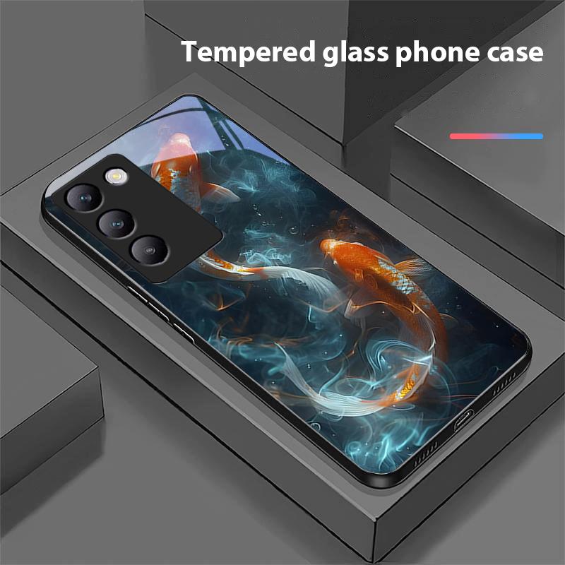 Chinese Wind Fish For Y72 33S 11 03 36 96 Lite 35 16 Iqoo 12 V40 SE 5G 29 40 21 30 X80 Pro Vivo Tempered Glass Phone Case Black