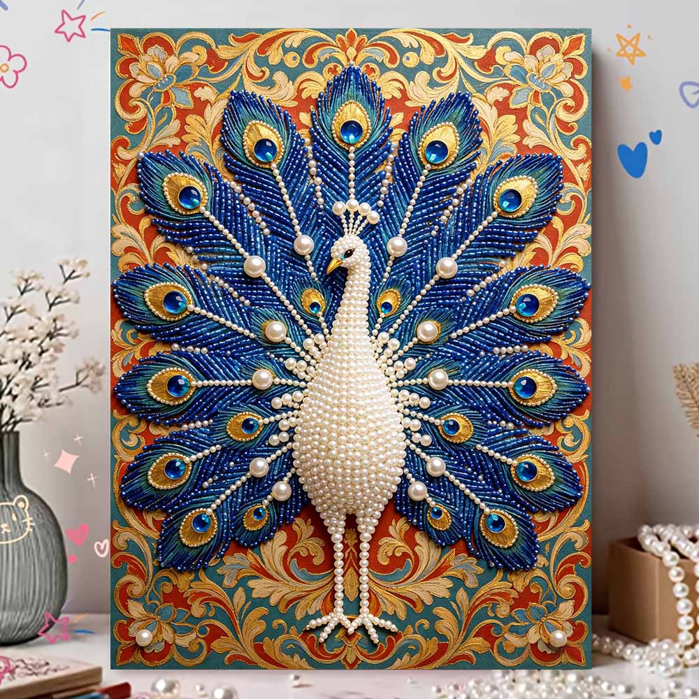 DIY Pearl Gem Elegant White Peacock Shining Bead Craft Art Home Wall Ornament Simple Unframed Room Decoration Art Modern Exquisite Mural Decor