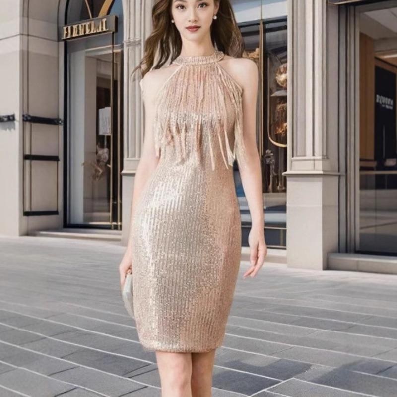 Women's Sexy Party Halter Sequin Fringe Dress Nightclub Sleeveless Slimming Mid-length Dress Dress