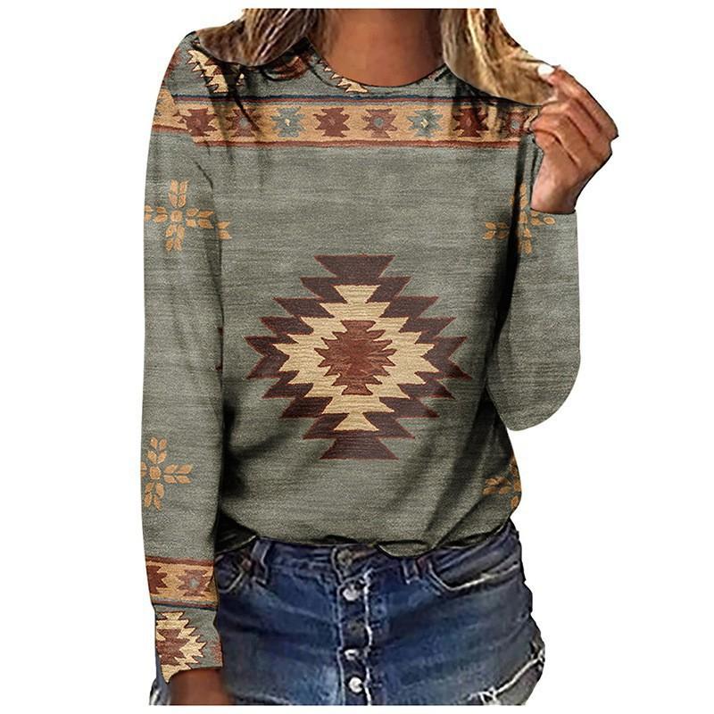 Spring and Autumn Round Neck 3D Retro Ethnic Style Printed Top Fashionable Casual Long Sleeved Women's T-shirts