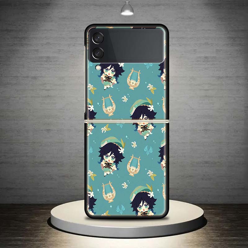 Genshin Impact Art Background For Samsung Galaxy Z Flip 4 3 5G Phone Case Black Hard Cover ZFlip 4 3 Luxury Shockproof Bumper Co
