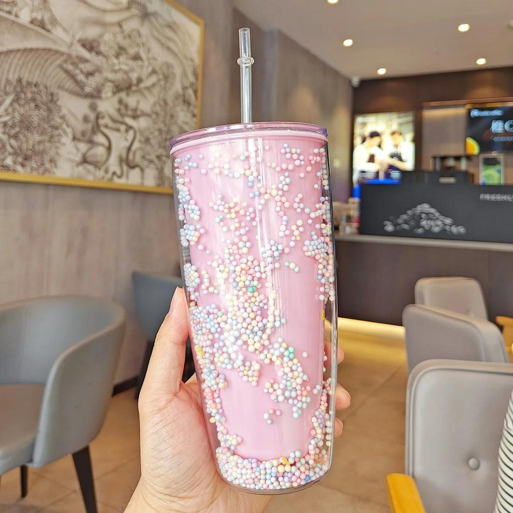 780ml Large Straw Tumbler Cute Kawaii Macaron Bubbles Cups with Straws Double Wall Plastic Water Bottle Drinkware for Girl Women