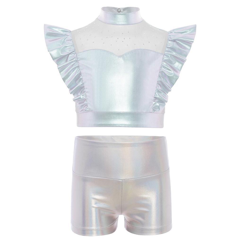 Dětský třpytivý taneční outfit s kamínky, s vysokým límcem, bez rukávů, kovový volánkový top a odpovídající lesklé šortky pro jazzovou soutěž