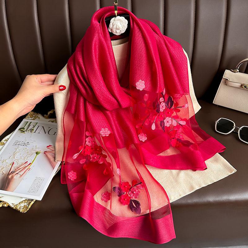 New Beaded Imitation Silk Scarf for Female Elegant and Versatile Embroidered Crabapple Flower Long Scarf Summer Sun Protection Gauze Scarf