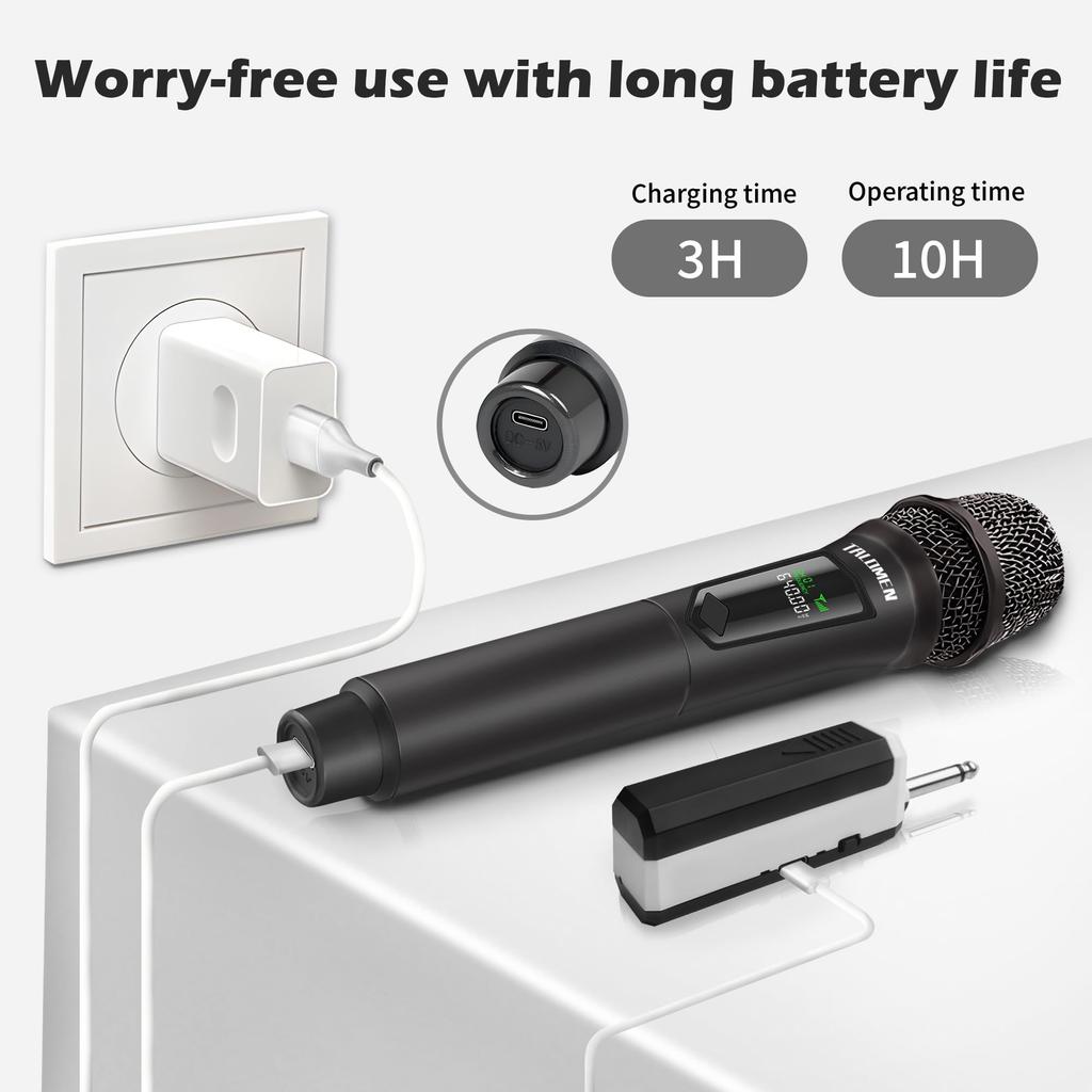 TALOMEN K602 Wireless Karaoke Microphone, Moving Coil Microphone with 6.35mm Receiver, 50M Range, 10 Hours of Battery Life, Wireless Microphone Kit